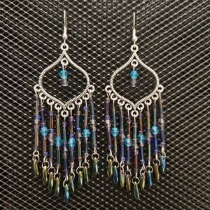 Antique silver arabesque iridescent blue/purple chandelier earrings